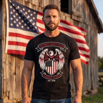 Patriot Shirt Club Founding Member tee on model