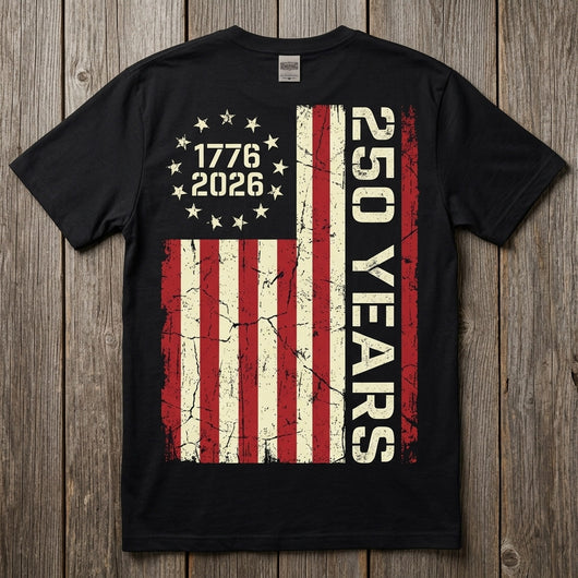 Styled flatlay showing 250 Years flag back print on black tee