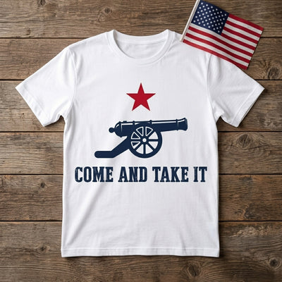 Styled flatlay of Come and Take It white tee with flag