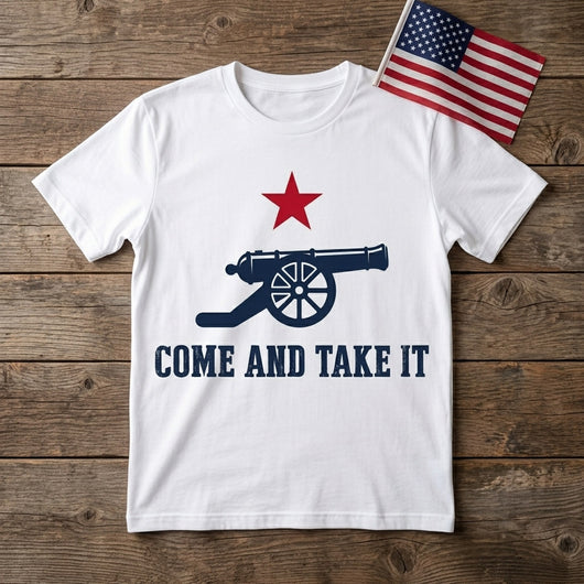 Styled flatlay of Come and Take It white tee with flag