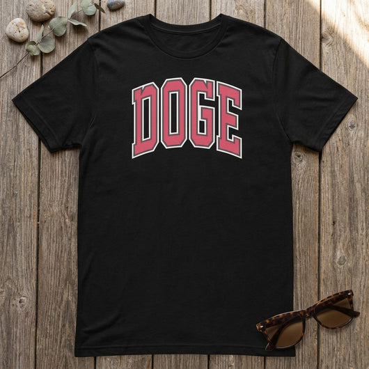 Styled flatlay of black DOGE varsity t-shirt on barnwood