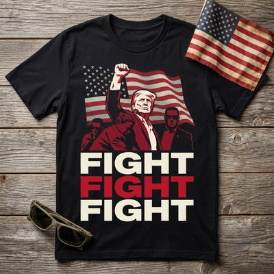 Styled flatlay of Fight Fight Fight black tee with American flag