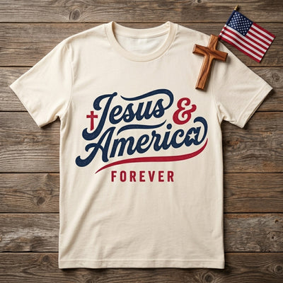 Styled flatlay of Jesus and America Forever natural tee with cross