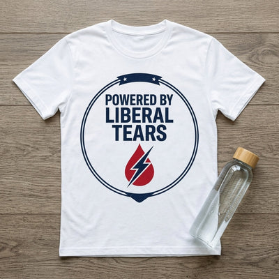Styled flatlay of Powered By Liberal Tears white tee