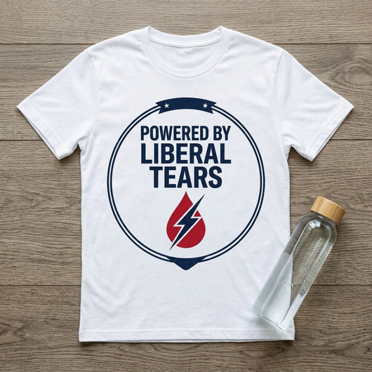 Styled flatlay of Powered By Liberal Tears white tee