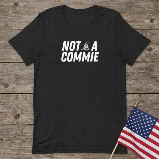 Styled flatlay of Not A Commie dark heather t-shirt with flag