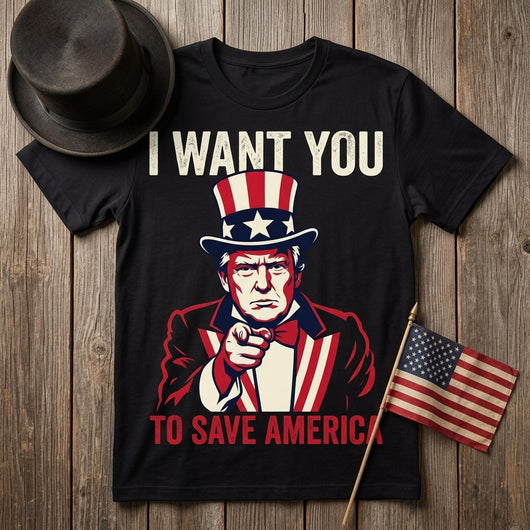 Styled flatlay of Trump Uncle Sam I Want You black tee with top hat