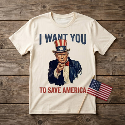 Styled flatlay of vintage Uncle Trump poster natural tee