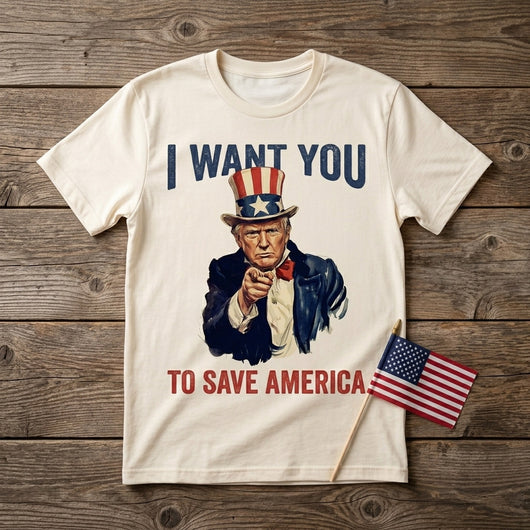 Styled flatlay of vintage Uncle Trump poster natural tee