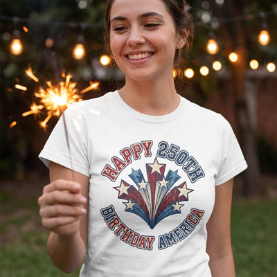 Woman with sparkler wearing Happy 250th Birthday America retro white tee