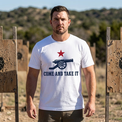 Man wearing Come and Take It white t-shirt at shooting range