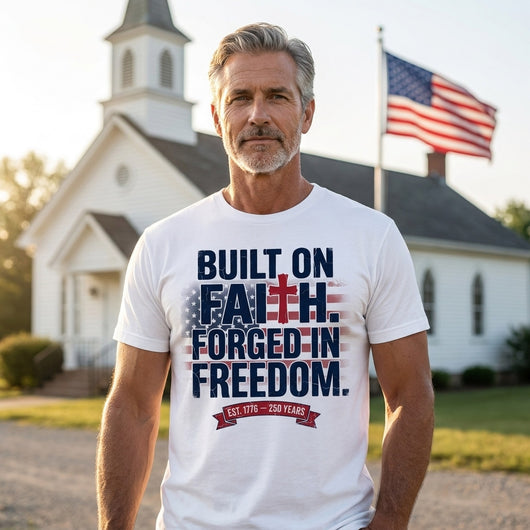 Man wearing Built on Faith Forged in Freedom white tee outside country church