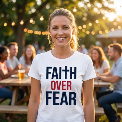 Woman wearing Faith Over Fear white Christian t-shirt at church picnic