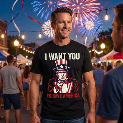 Man wearing Trump Uncle Sam I Want You black t-shirt at July 4th fireworks festival