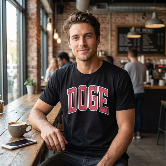 Man at coffee shop wearing black DOGE varsity t-shirt