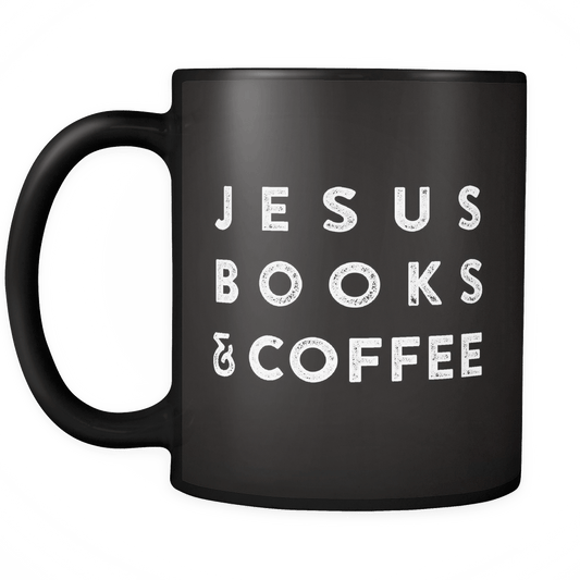 Black ceramic Jesus Books and Coffee mug